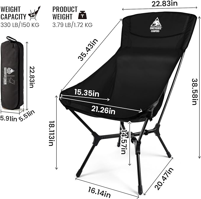 ONETIGRIS OasisFlex Camping ChairHigh Back Folding Chair with Carry BagGreat for CampingBeachPicnicParkLawnSports and Outdoor Events