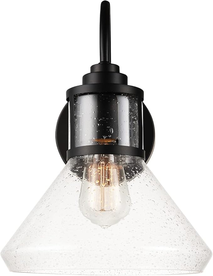 GLOBE Electric 44661 Torrent 1-Light Outdoor Wall Sconce Black Seeded Glass Shade 60W Vintage Edison Incandescent Bulb Included