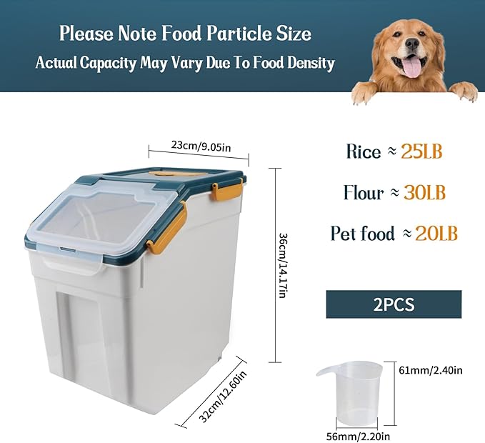 Large Flour Storage Container Bin 25Lb 2Pack Airtight Rice Storage Containers with Wheels Seal Locking Lid BPA Free with Measuring Cup&ampScoop for Flour Rice Grain(Blue)