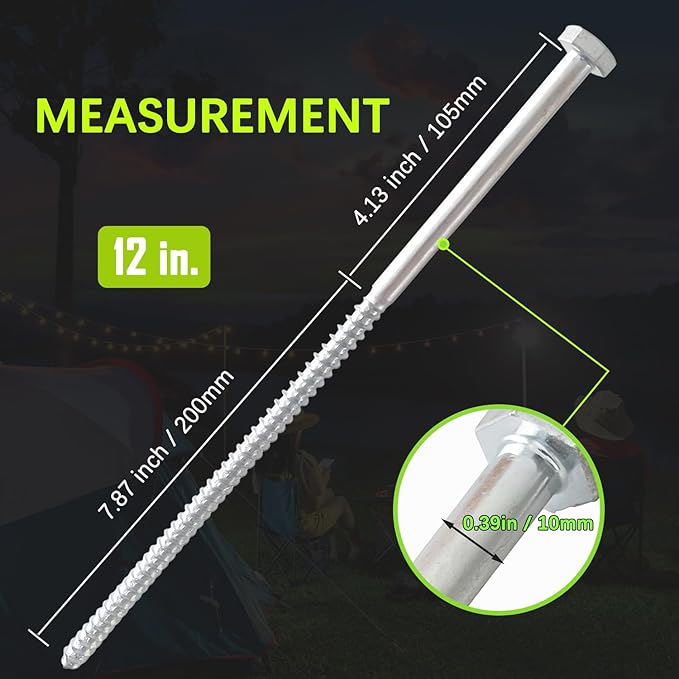 6pcs 3/8 x 12 inch Heavy Duty Camping Ground Anchors Non-Rust Tent Stakes Screw in Kit for Securing Animals Trampoline Carports Canopies Sheds Swing Sets Ground Anchors for High Winds