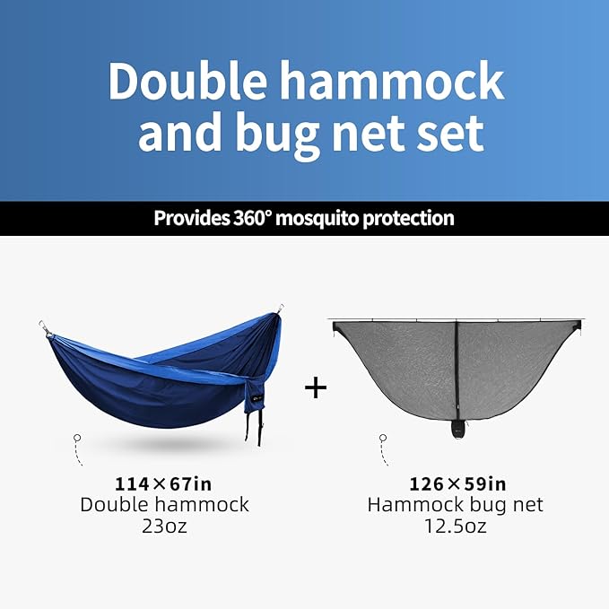 Hammock Anti-Mosquito System - Includes Double Hammock and Bug Net - Set of Essentials for Camping Hiking (Blue Hammock + Bug net)