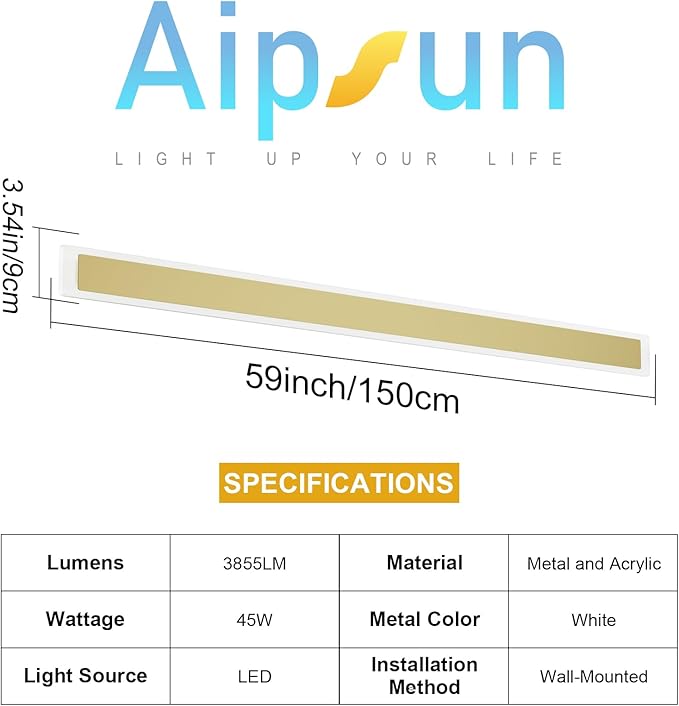 Aipsun Porch Wall Lights 59inch Long Strip Modern Outdoor Wall Light Fixture Gold Wall Mount Lighting Sconce Exterior Lights Wall Sconce 3000K for House Living Room Corridor(1 Pack)