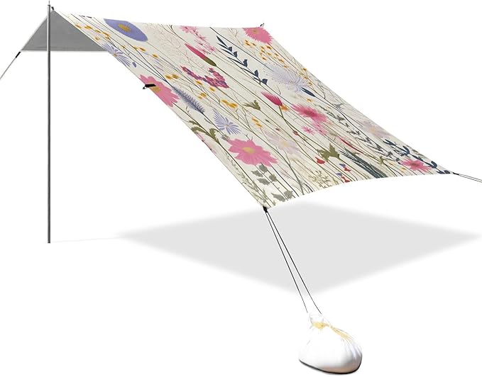 Wild Flowers Beach Tent Sun Shelter 9.2' x 10.5' Beach Canopy with 4 Sandbags 4 Stability Poles Sand Shovels - Tent Canopy for Beach Camping Fishing Picnics