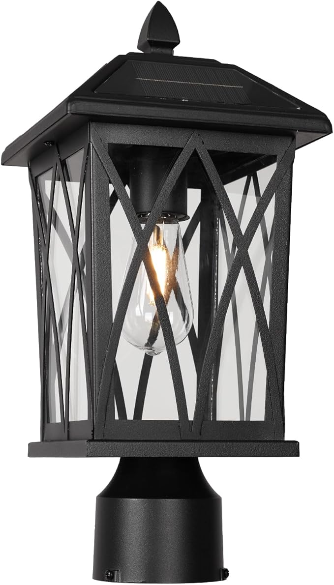 Treekee Solar Outdoor Post Light Black Rustic Outside Pillar Lantern with Clear Glass Waterproof LED Solar Powered Lamp for Patio Garden Pathway Porch Garage Fence (Bulb Included)