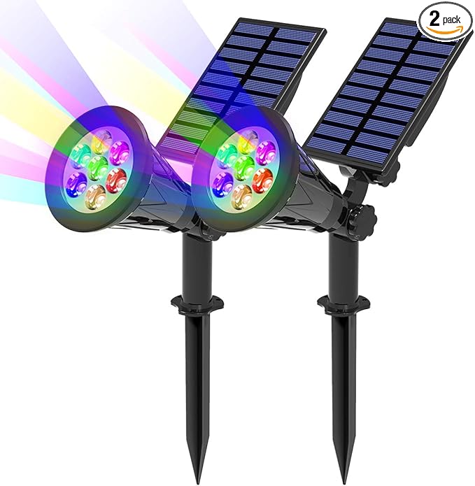 T-SUN Solar Spotlights Color Changing 7 LED Waterproof Solar Garden Lights Auto ON/OFF Adjustable Landscape Spot Lights 2-IN-1 Solar Wall lights for Patio Yard Garden Driveway Pool Area(2 Pack)