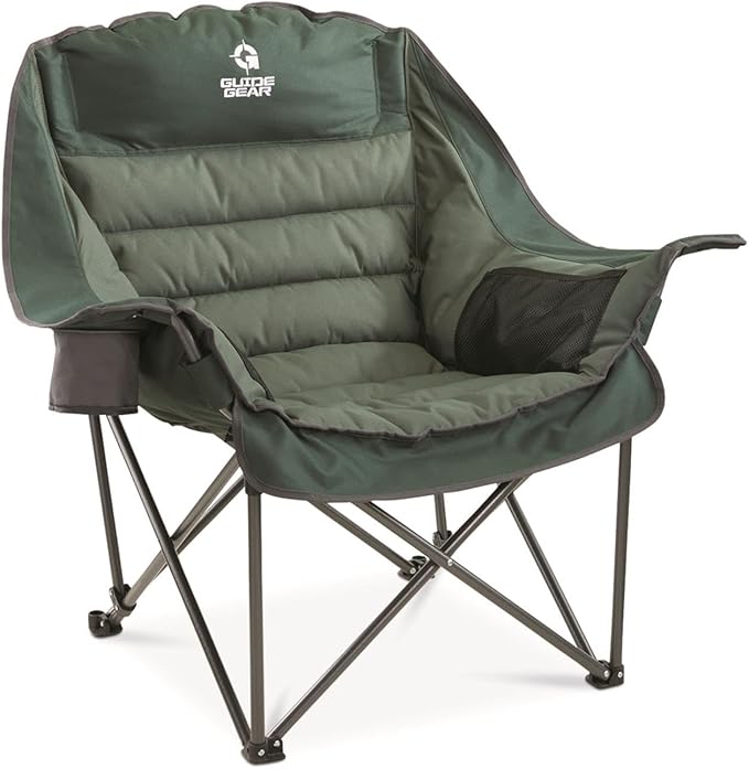 Guide Gear Oversized Extra Large Padded Camping Chair Portable Folding Large Camp Lounge Beach Chairs for Outdoor Adults Men and Women Heavy-Duty 400 Pound Capacity with Cup Holder Green