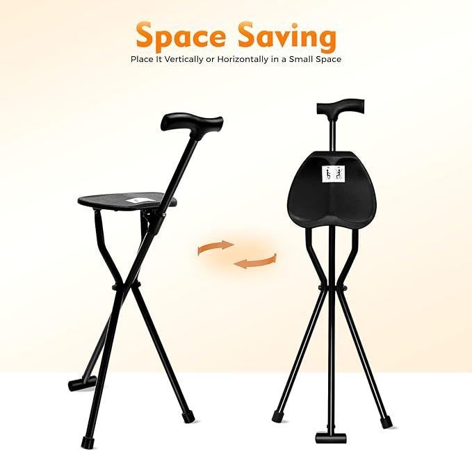2-in-1 Walking Cane with Seat Cane Stool Crutch ChairPortable Folding Walking Stick Cane Chair Lightweight Sturdy Tripod Cane Stool for ElderlyMenWomenMax Load 249.12lbs