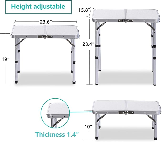 Folding Camping Table with Adjustable Height 23.6 x 15.8 Portable Lightweight Tables with Aluminum Legs for Outdoor Camp Picnic Beach Backyard Tailgate Cooking 3 Heights