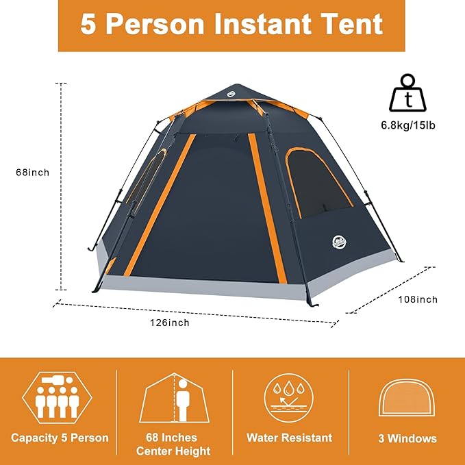 ADSMART Instant Tents for Camping 2/3/4/5 Person Tent Waterproof Easy Setup Sets Up Backpacking Tents with Carry Bag for Outdoor Hiking