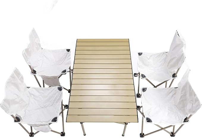 Camping Folding Table Chairs Set Aluminum Alloy Portable Ergonomic 330.7lb Load Bearing Stable Camping Long Table Chairs for Outdoor Picnic