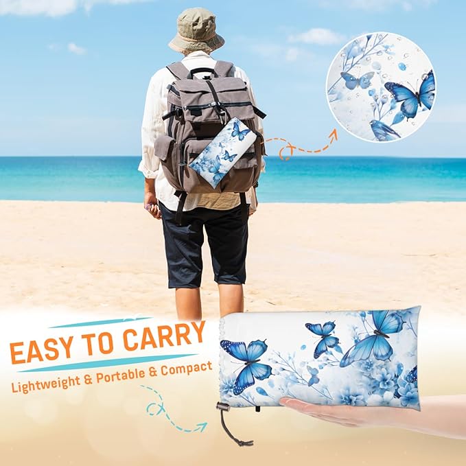 Waterproof Sandproof Beach Blanket 59''×68'' Butterfly Polyester Outdoor Picnic Blanket with 4 Stakes &amp Storage Bag for BeachCampingVacation Light Blue