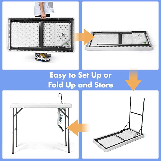 GYMAX Fish Cleaning Table with Sink Folding Fish Cleaning Station with Adjustable Spray Cleaner Foldable &amp Rotatable Faucet Portable Fillet Table for Outdoor Camping Fishing Picnic