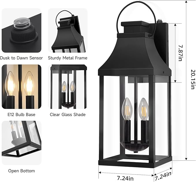 tewei Dusk to Dawn Outdoor Lighting Fixture 20'' Large Porch Lights Outdoor Sconce Lights 2-Light Black Exterior Lights for House Waterproof Outside Patio Lanterns for House Garage 1-Pack
