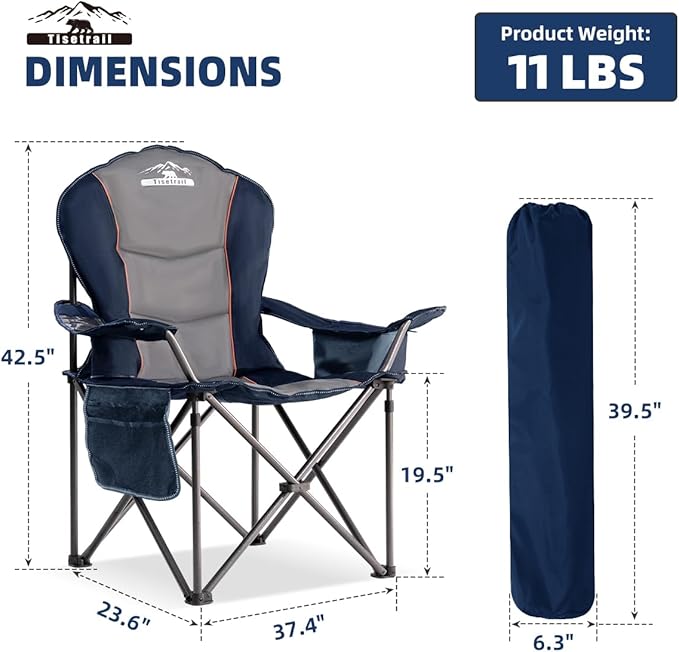 Oversized Camping Chairs with Cooler Bag &amp Cup Holder - Set of 2 Heavy-Duty 500lbs Folding Chairs (Steel Frame Padded Seat Blue &amp Gray)