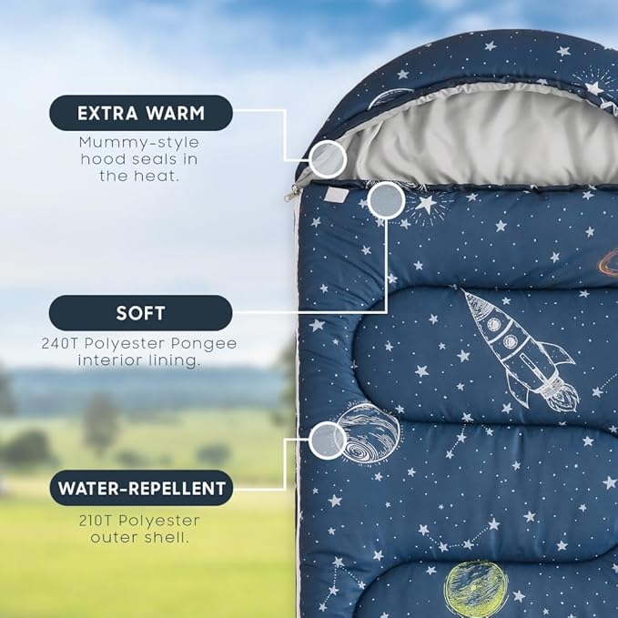 Wake In Cloud - Kids Sleeping Bag for Boys Toddlers Camping in Warm Cold Weather Backpacking Lightweight Compact Outdoor Liner for 3 Seasons Space Stars Rockets Galaxy