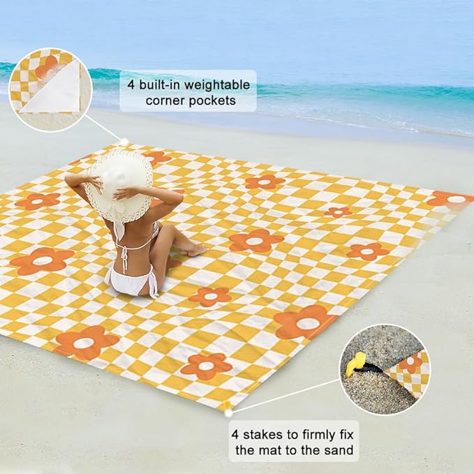 Beach Blanket Waterproof Sandproof Extra Large 8 Ft X 7 Ft for 4 Adults Oversized Sand Free Beach Mat with 4 Corner Pockets and Stakes Portable for Beach Picnic Travel Camping (Orange)