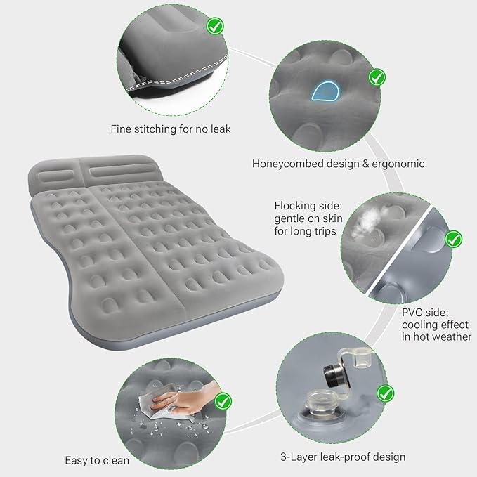 SUV Air MattressThickened Flocked Camping Bed for CarIncludes Electric Pump &amp 2 Foot PedalsPortable Inflatable car Mattress (Gray)