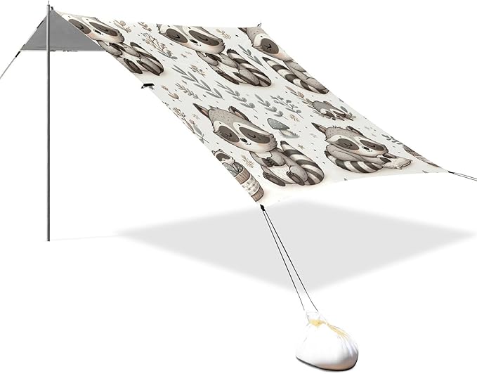 ALAZA Cute Raccoon Flowers Beach Tent Sun Shelter UPF50+ Protection Beach Shade Canopy w/ 4 Sandbags for Outdoor Camping Fishing Backyard Fun Picnic 10x9 ft
