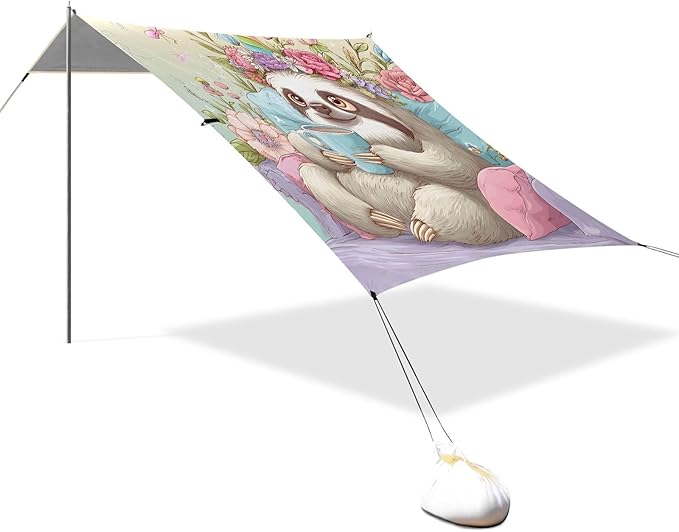 Bolaz Beach Canopy Tent Sun Shade9'×10.5' Large Family Beach Shade UPF50+- Outdoor Shade for Camping Trips FishingCute Sloth with Coffee