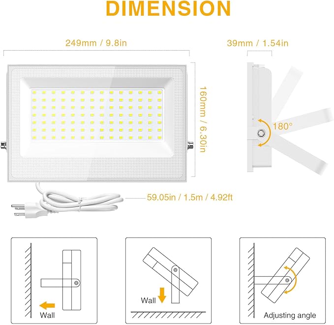 Onforu 120W Flood Lights Outdoor12000lm White LED Work Light with Plug 6500K Daylight White LED Flood Lighting IP66 Waterproof Security Yard Lights for Yard Garage Stadium 2 Pack