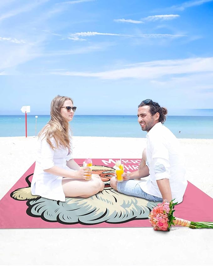 Beach Blanket Waterproof Sandproof Oversized Merry Christmas Words on Pink Beach Mat with Corner Stakes Sand Pockets Funny Santa Claus Outdoor Picnic Mat for Travel Camping Hiking 95x80In