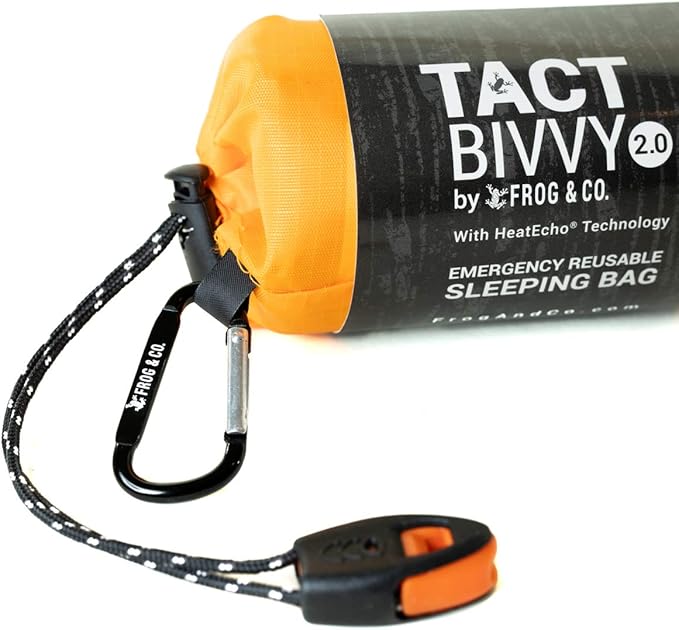 Survival Frog Tact Bivvy 2.0 Emergency Sleeping Bag with Stuff Sack Carabiner &amp Survival Whistle – Compact Lightweight Waterproof Reusable Thermal Bivy Sack Shelter Kit