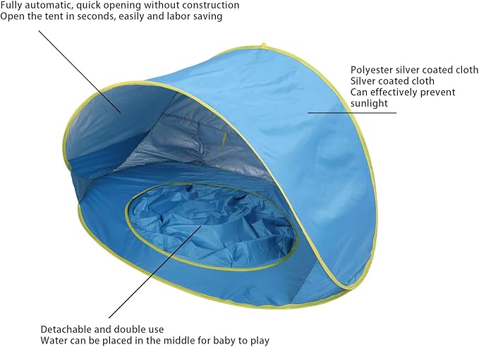Pop Up Beach Tent Portable Sun Shelter with Protection and Built in Baby Pool for Infant Toddlers Outdoor Camping Beach Picnic Easy Set Up (Blue)