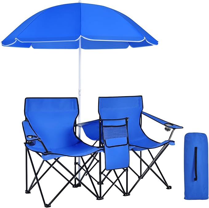 Beach Chair with Umbrella Portable Camping Chair with Cooler Bag Cup Holders Side Pocket Carrying Bag Double Folding Chair for Picnic Patio Canopy Outside (Blue)