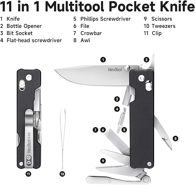 NexTool Knight K30 Axis Lock Folding Pocket Knife 11-in-1 Multitool with 2.76 14C28N Steel Blade EDC Knife and G10 Handle Crossbar Lock Knives for EDC Camping Hiking Survival Gifts for Men