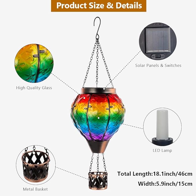 DREAMSOUL Rainbow Hot Air Balloon Solar Lantern Metal &amp Glass Solar Lantern with Flickering Flame Hanging Solar Lanterns Outdoor Waterproof for Lawn Patio Tree Decor