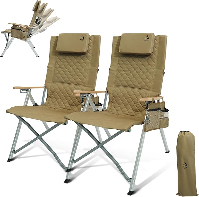 Reclining Camping Chair Heavy Duty Folding Chairs with 4-Stage Adjustable High Back for Adults Compact Foldable Outdoor Patio Reclining Chair with Storage Bag (Khaki 2 Pack)