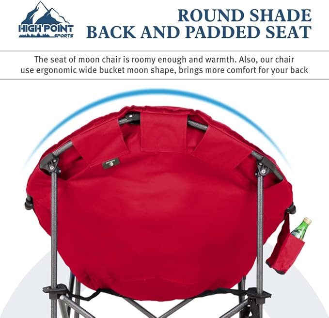 HIGH POINT SPORTS Padded Oversized Folding Camping Chair Portable Moon Saucer Chair Round Outdoor Chair with Cup Holder and Carry Bag for Adults Hiking Camping Fishing Red