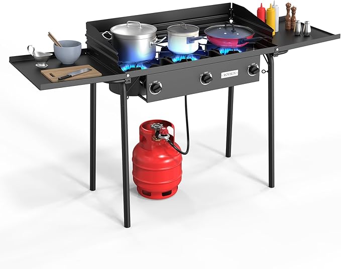 ROVSUN 3 Burner Gas Stove with 2 Side Shelves 225000BTU Portable Propane Stove with Removable Leg Wind Panel Regulator for Camping Home Backyard Outdoor Cooking Brewing Canning Turkey Frying