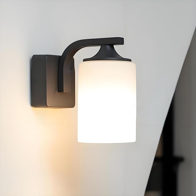 Outdoor Wall Lamp Waterproof and Anti-Rust Aluminium Modern Wall Light Fixture Milk Glass Indoor for OutsideGarden Matt Black