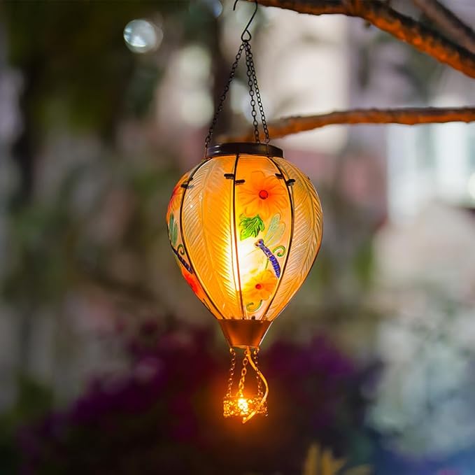 Starsoul Large Solar Hot Air Balloon Lantern with Flame Dragonfly Glass Hanging Outdoor Hot Air Balloon Solar Light Waterproof Garden Patio Yard Party Decorations