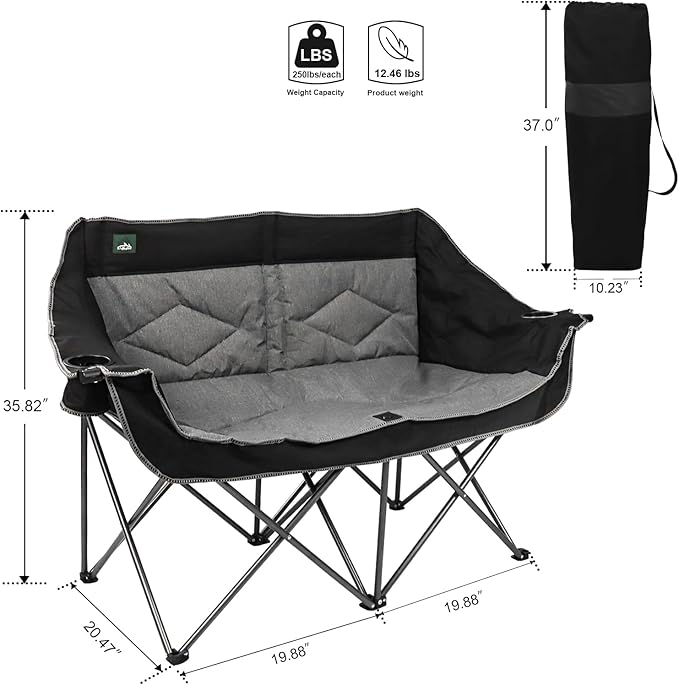 Northroad Folding Loveseat Camping Chair Portable Double Duo Full Padded Garden Chair for 2 Person Sofa w/ 2 Cup HolderWine Glass HolderMesh StorageSupport 500lbs for Picnic Beach Travel