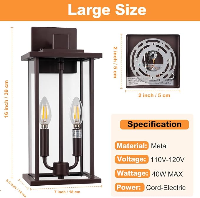 2-Pack 16 Large Outdoor Wall Light Fixtures 2-Light Exterior Front Porch Light Brushed Outdoor Sconce Lights Waterproof Farmhouse Lamp Lighting (Bronze 16in No Sensor)