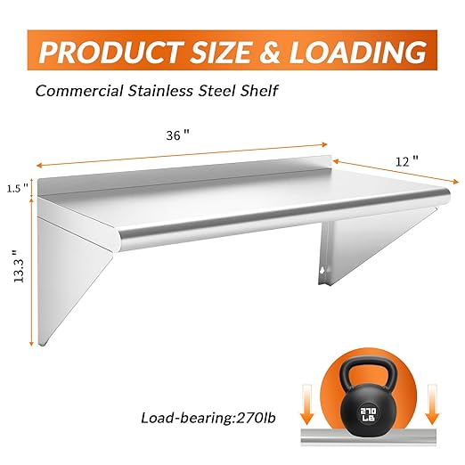 Commercial Stainless Steel Shelf 12 x 36” 2 Pack Wall Mounted Food Service Storage Rack Shelves Heavy Duty 270 lb Metal Shelf for Kitchen Restaurant Food Truck Garage Laundry Room