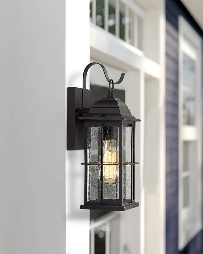 zeyu 1-Light Outdoor Wall Sconce Lantern 14 inch Exterior Light Fixtures Wall Mount in Black Finish with Seeded Glass Shade 20071B1