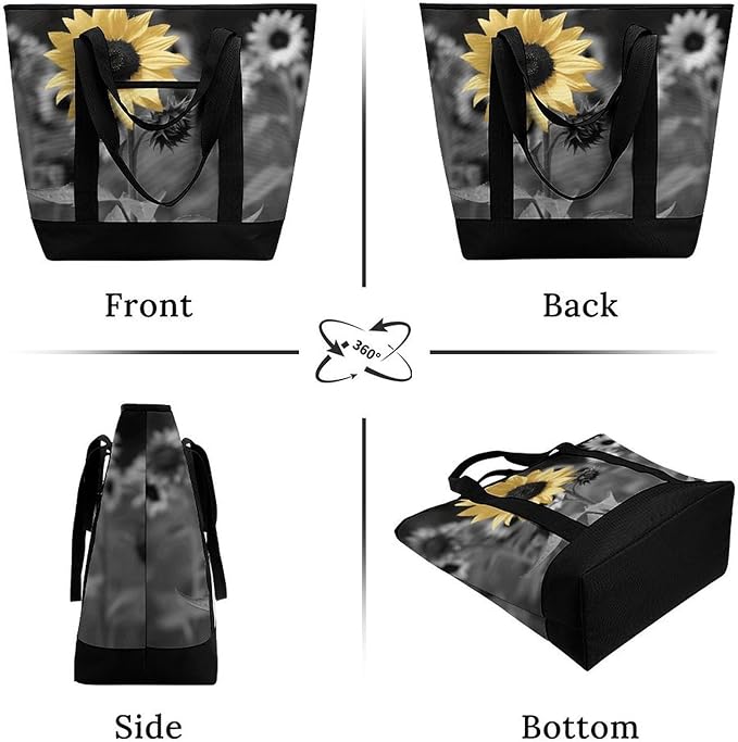 Insulated Shopping BagLarge Reusable Cooler Bags Black And White Sunflowers Printed Foldable Shopping BagTravel Waterproof Shoulder Bag