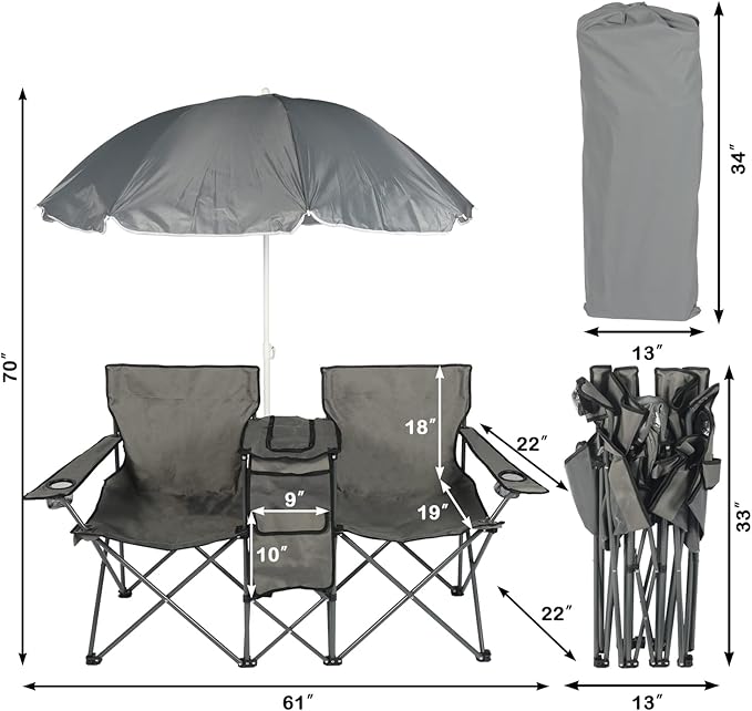 LAZZO Double Folding Camping Chairs Portable Picnic Camping Chairs w/Umbrella Mini Beverage Holder Carrying Cooler Bag Outdoor Picnic Double Folding loveseat Camp Chairs for Beach Patio Pool Park