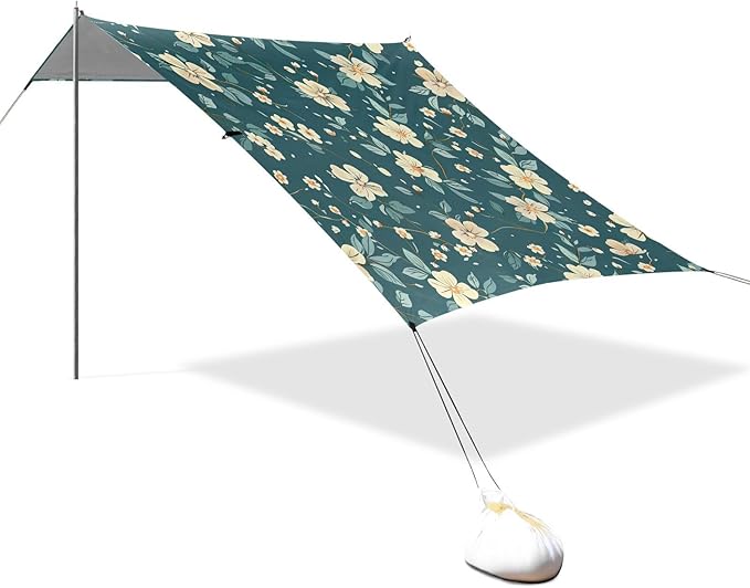 Teal Floral Pattern Beach Tent Sun Shelter 9.2' x 10.5' Beach Canopy with 4 Sandbags 4 Stability Poles Sand Shovels - Tent Canopy for Beach Camping Fishing Picnics