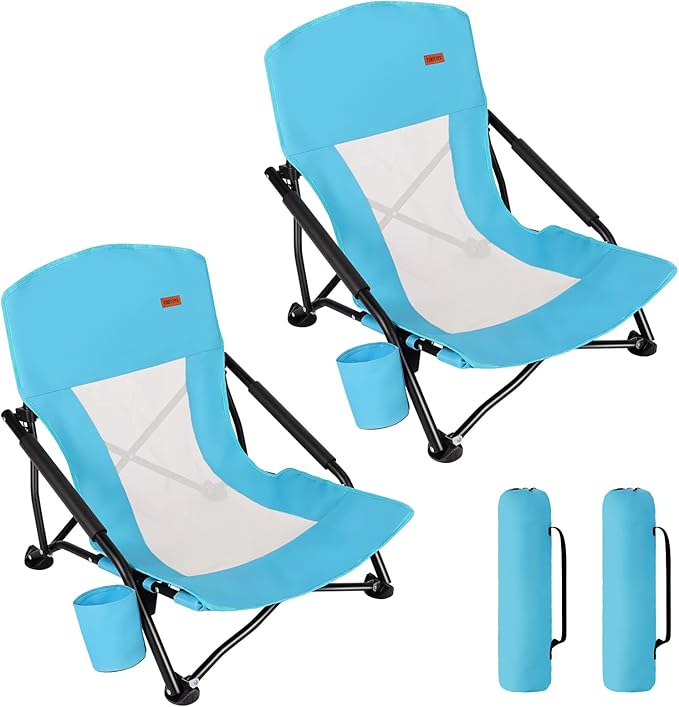TOBTOS Low Beach Chair for Adults 2 Pack Low Profile Folding with Cup Holder &amp Carry Bag Heavy Duty Chair for Outdoor Sand Camping Concert Travel