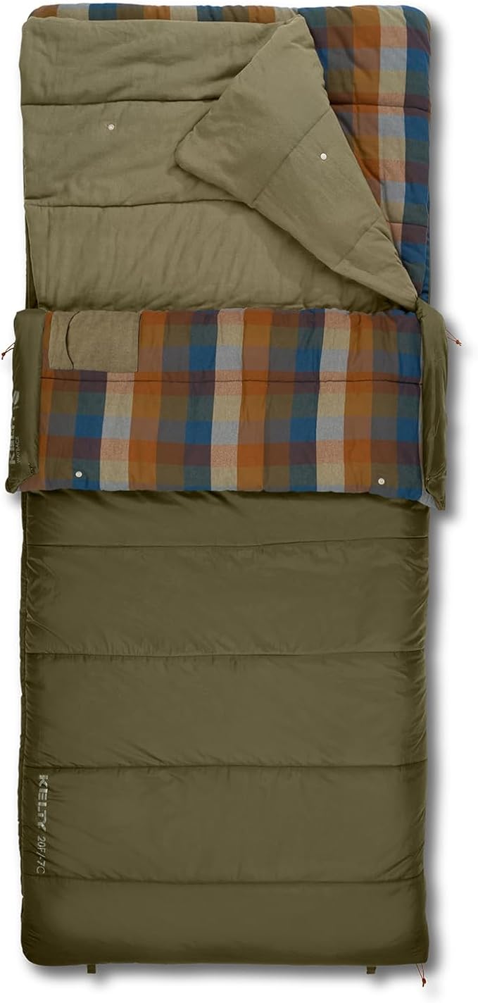 Kelty Wayback Flannel Lined Sleeping Bag Built in Blanket Traditional Rectangle Shape Organic Flannel Cotton Liner Dual Locking Slide Zips