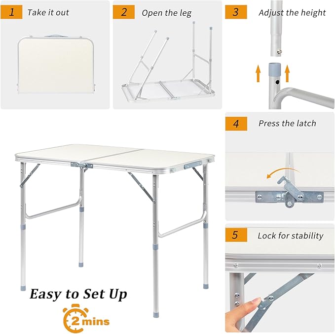 3FT Folding Camping Table with Adjustable Height Legs Indoor Outdoor Lightweight Portable Aluminum Dining Pinic Table (White)