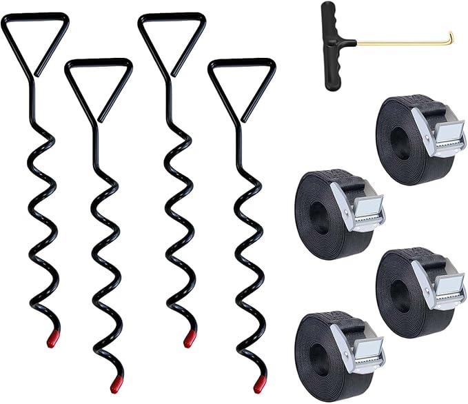 Trampoline Stakes 4 Pack - Heavy Duty Trampoline Anchors Kit - Screw In Ground Anchors High Wind with Straps for Trampolines (Black)
