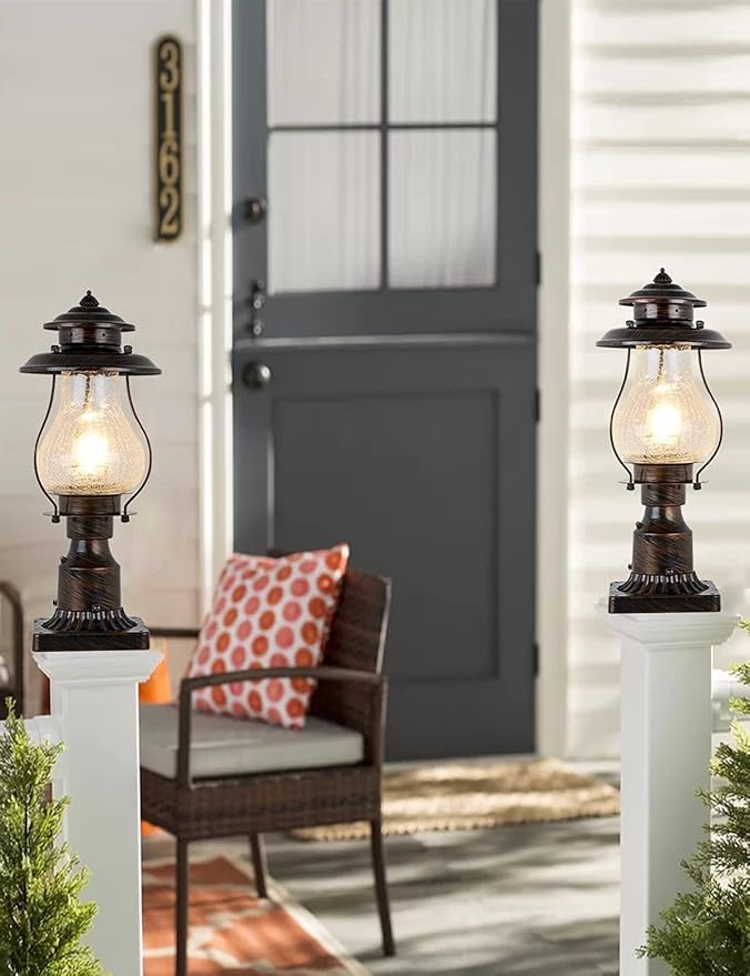 Dusk to Dawn Post Lights Outdoor Photocell Sensor Rustic Pole Mount Lanterns with Pier Mount Adapter Oil Rubbed Brown with Crackle Glass Waterproof Pillar Lights for Patio Garden Porch and Backyard