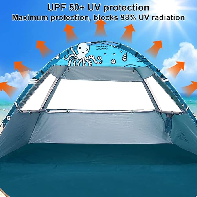 Ocean World 3-4 Person Family and Baby Beach Tent – Cool Beach Essentials for Shade UPF 50+ UV Protection and PU800 Waterproof Portable Pop Up Sun Shade Cabana Shelter for Kids and Toddlers