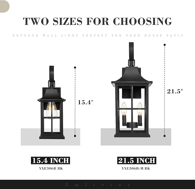 Emliviar 15.4 Wall Sconces Set of Two Outside Wall Light Fixtures with Clear Glass Matte Black Coach Lamps for Front Door YXE306B-2PK BK