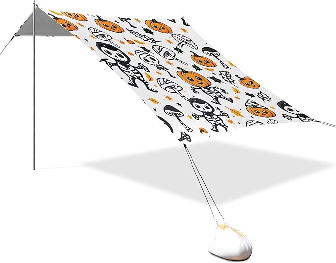 ALAZA Cute Pumpkin Skull Halloween Beach Tent Sun Shelter UPF50+ Protection Beach Shade Canopy w/ 4 Sandbags for Outdoor Camping Fishing Backyard Fun Picnic 10x9 ft